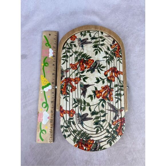Vintage Mod MCM Floral Collapsible Wooden Basket Bowl Wall Art Decor Hummingbird - Picture 2 of 7
